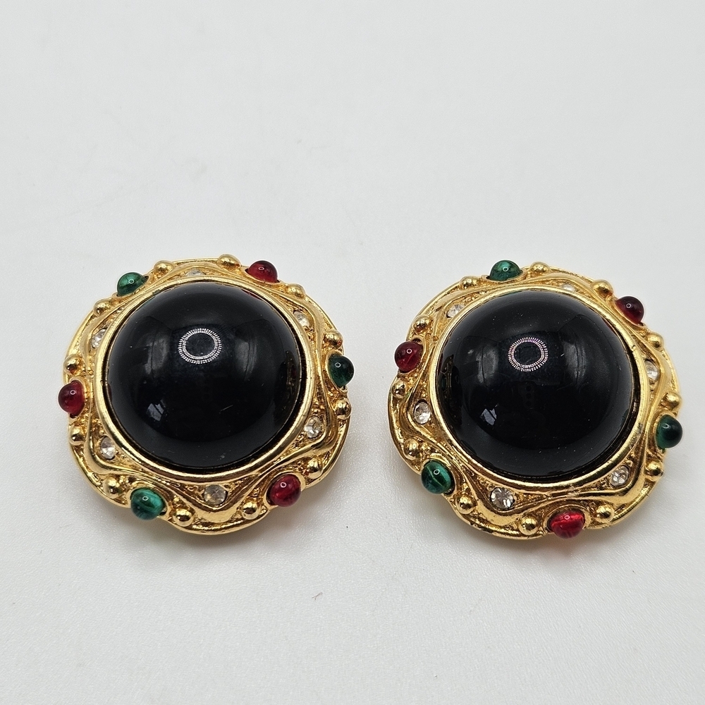 VINTAGE PAOLO GUCCI Gold Plated Black Cabochon Clip On Earrings Signed